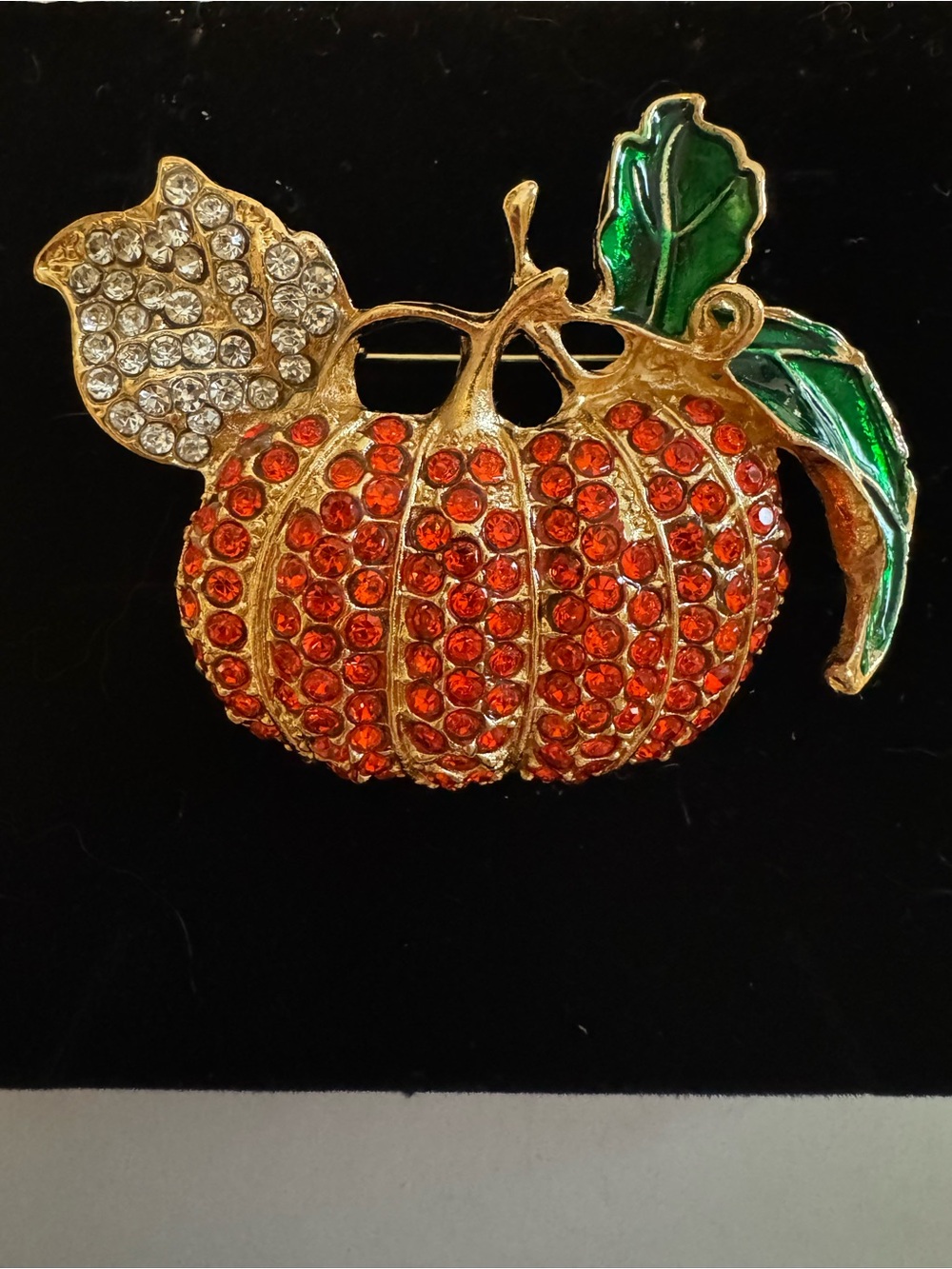 Gold-Tone Orange Crystal Pumpkin Brooch with Green Leaves